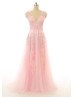 Pink Tulle Lace V Neck Long Prom Dress